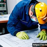 건축전기설비기사 과목별 예상 출제 범위 - A detailed educational scene showing a professional electrician in Spain wearing proper personal pro...