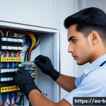 건축전기설비기사 취업과 대학원 진학 비교 - A young Hispanic male electrical technician wearing a clean, modern uniform and safety gloves, confi...