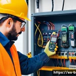 건축전기설비기사 현장 경험 공유 - A professional electrician wearing high-quality insulated gloves and protective gear, carefully usin...