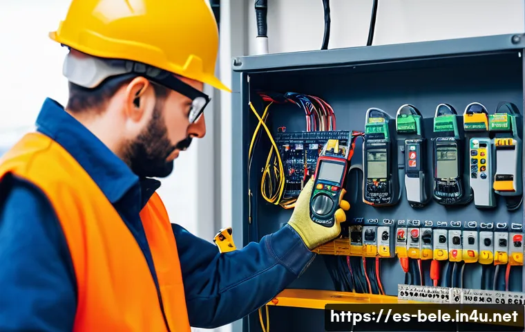 건축전기설비기사 현장 경험 공유 - A professional electrician wearing high-quality insulated gloves and protective gear, carefully usin...