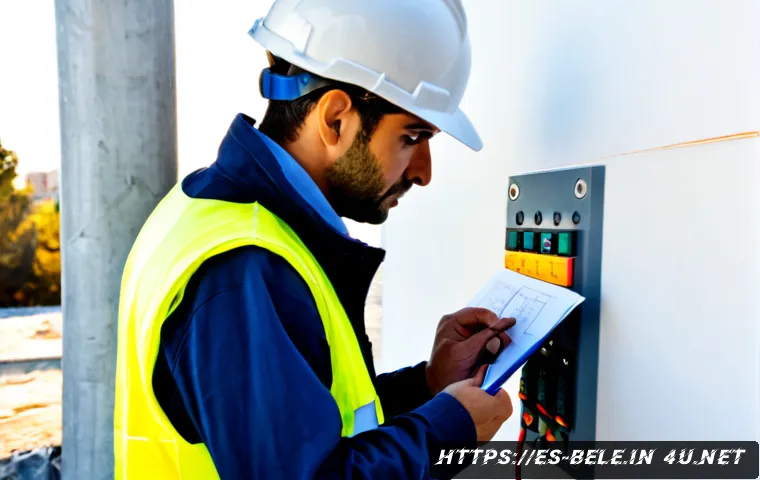 건축전기설비기사와 관련된 법규 정리 - Photorealistic Spanish electrical engineer in protective helmet and safety vest inspecting a modern ...